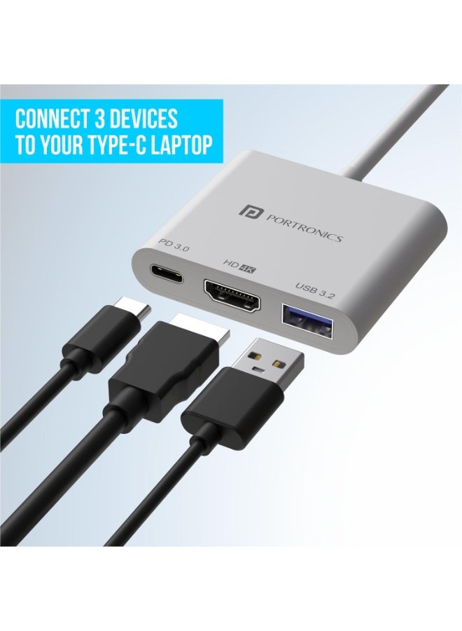 Portronics C-Konnect Type C to HDMI Adapter (3-in-1), Multiport USB C Hub with 4K@30Hz, USB 3.0 @ 5Gbps, 100 W PD Charging Port for Laptop, MacBook, PC and Other Type C Devices (White) - Image 2